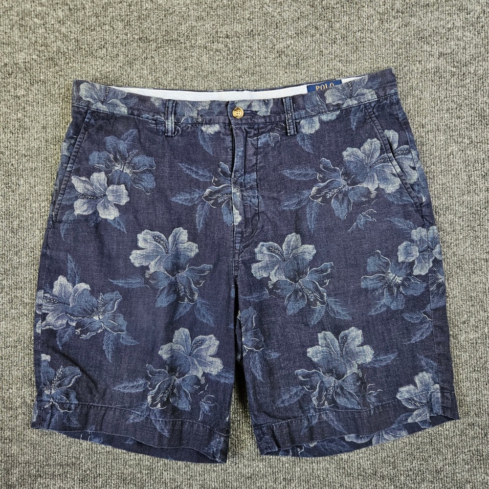 Polo Ralph Lauren Floral Shorts Mens 35 Classic Fit Hibiscus Blue Coastal Preppy